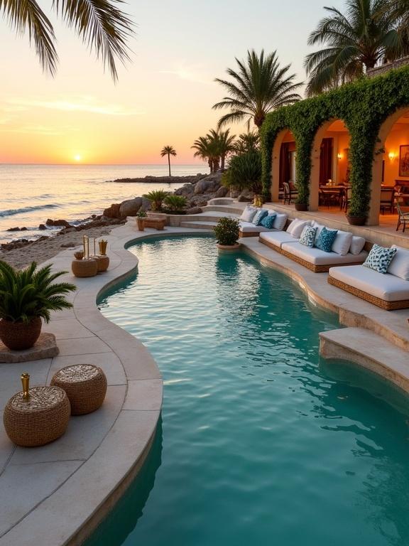 Wide outdoor shot of a coastal patio at sunset. Bright orange sun near the horizon, reflecting on calm ocean. Sky transitions from pale yellow to soft blues and pinks. Multi-tiered, light-colored stone patio. Irregularly shaped turquoise pool next to sandy beach. Small round tables with woven bases beside pool. Woven chairs near tables. Curved outdoor sofas with light cushions facing the ocean. Tropical plants and palm trees around. Arched walkway leads to indoor dining area with warm lighting and wooden table. Dark palm fronds frame the scene. Evokes tranquility and luxury at dusk.