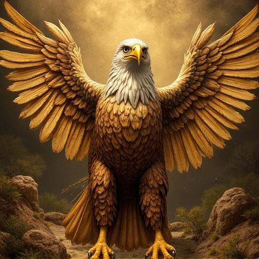 A majestic golden eagle with outstretched wings. The eagle is depicted in rich gold and brown tones. The background features a dramatic landscape. This image captures the grandeur and power of the eagle.