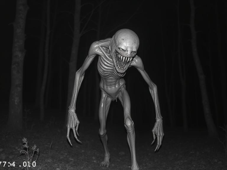 Trail cam image of an eldritch monster in a dense forest at night. The monster is bipedal and gaunt with long limbs and claws. It has no eyes or nose, just a large mouth filled with sharp teeth. The image shows film grain and glitching, with a timestamp at the bottom left.