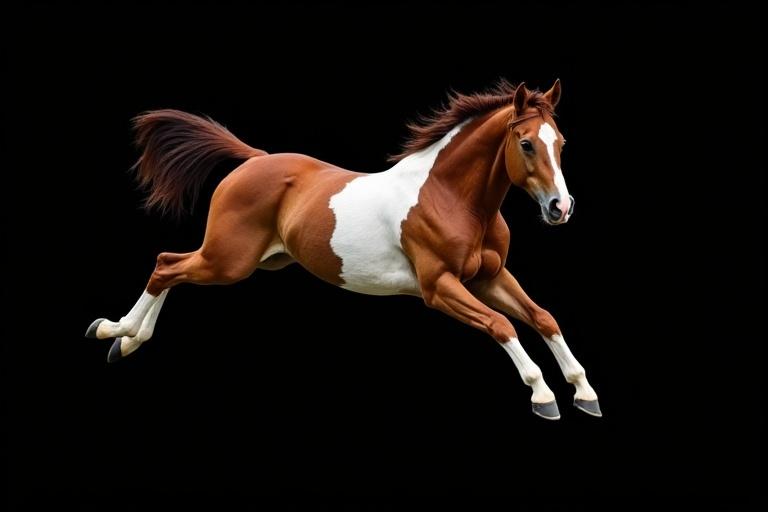 Appaloosa horse jumping with an isolated black background. Horse demonstrates agility and strength.