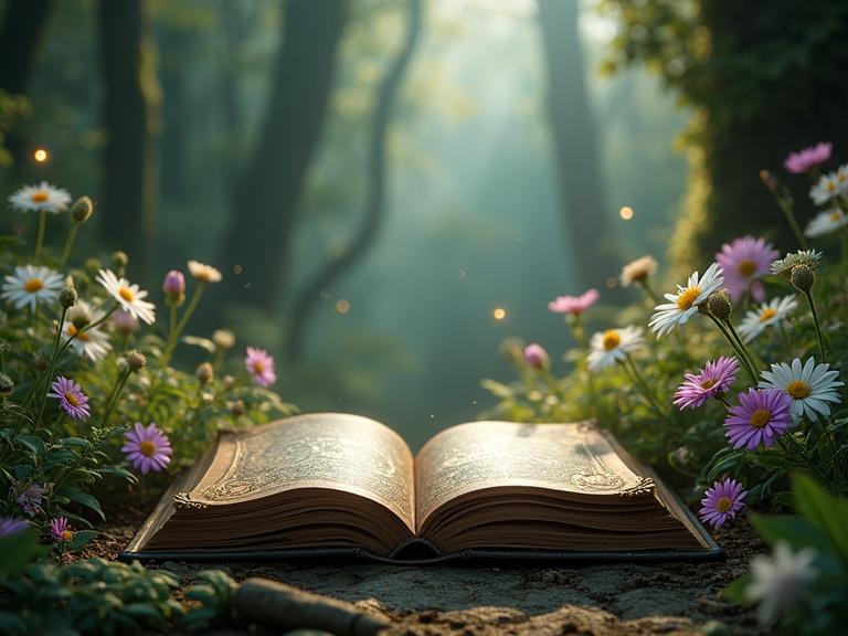 Horizontal hyperrealistic image. Full HD 1920x1080. Open antique book with dark leather cover and gold embossing in the lower center. Surrounded by blooming flowers and eucalyptus leaves. Enchanted forest background with tall trees and glowing moss. Dreamlike atmosphere with luminous particles. Clear center space with neutral lighting for future integration.