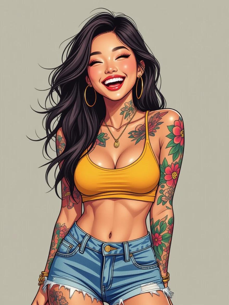Comic style illustration features an asian female model. She has long dark hair and a cheerful demeanor. The model wears a yellow crop top and denim shorts, showcasing her colorful tattoos. The background is simple and emphasizes her figure.