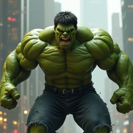 A superhero characterized by immense muscle mass and green skin. He expresses intense anger amidst a city backdrop. Focus on his powerful physique and dramatic facial expression.