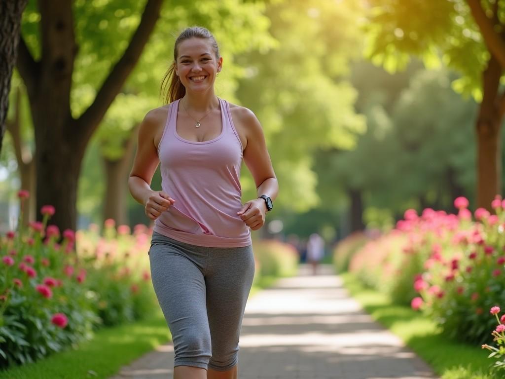 A woman jogging happily through a park lined with flowers, bathed in sunlight.