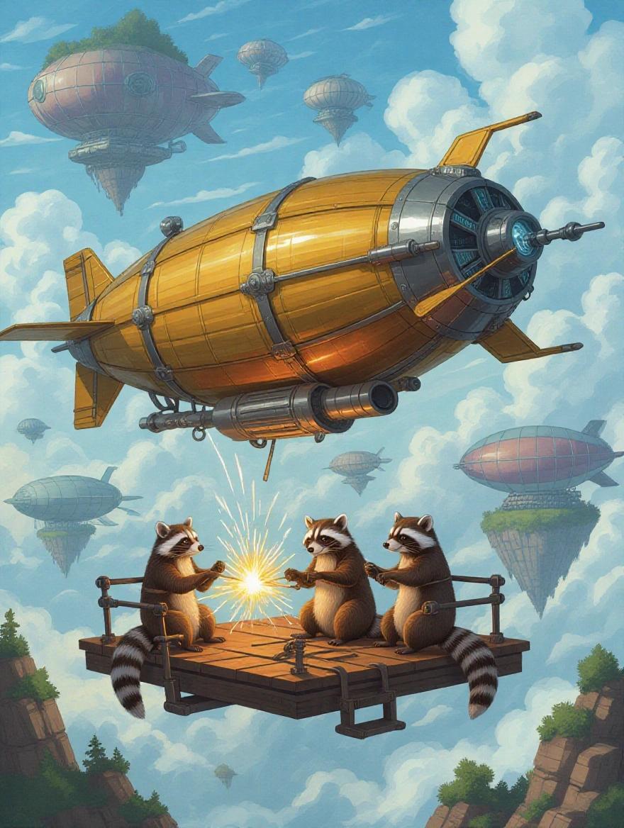 Three raccoons on a floating platform fix a flying ship. The ship has plasma propellers. The sky has floating islands, mechanical air whales, and dirigible balloons. Wind stirs their metallic coats. They weld with sparking beams of energy.