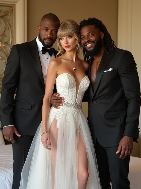 Gorgeous bride poses with two large male companions. Bride has bangs and long blonde hair. She wears a white wedding dress and high heels. Black pendant around her neck. Full-length shot in hotel room. Bride looks at the viewer with a smile.