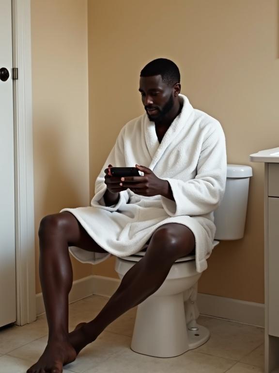 Black man dressed in a bathrobe sitting on a toilet. He is focused on playing a handheld gaming console. The setting is a simple bathroom with beige walls and light tiles.