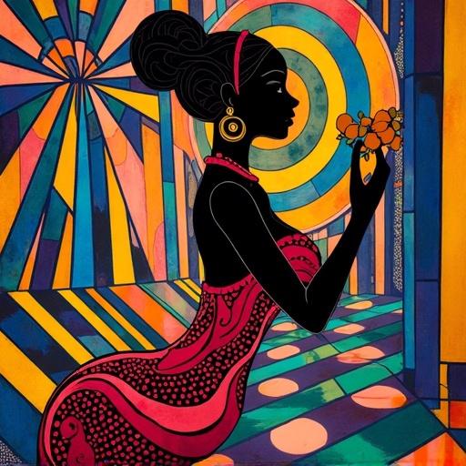 Image features a Disney-inspired curvy goddess. She is surrounded by geometric patterns and optical illusions. Colors resemble stained glass. Artistic influences include op art and surrealism.