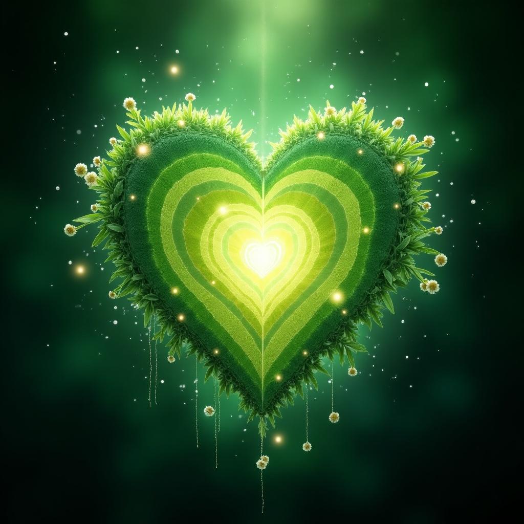 Heart chakra symbol represented by a vibrant green heart made of green plants and glowing light