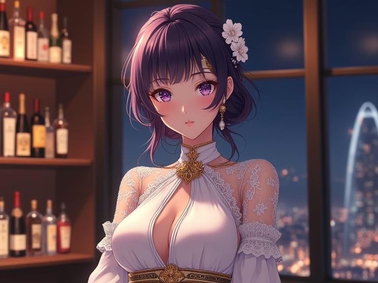A beautiful anime lady with dark violet hair styled in an updo. She has white flowers and delicate earrings. Her fair skin has a slight blush. She looks directly at the viewer with a soft expression. She wears an elegant white dress with intricate lace detailing and a keyhole cutout. Behind her is a cozy bar with shelves filled with wine bottles. Night skyline is visible through wide windows. A wide golden belt cinches her waist. The style is a detailed anime illustration with soft lighting.