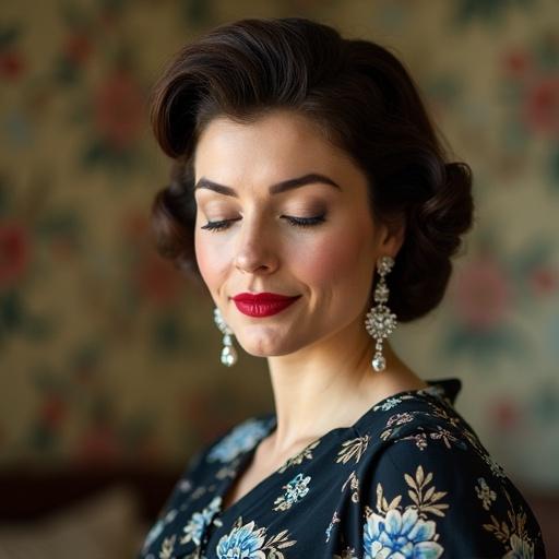 Portrait of a 35-year-old housewife. She has face wrinkles and chubby cheeks. Hair is styled in a 1950's hairstyle. Lips are painted big and red. Nose is tiny. Wears a vintage floral black and blue dress. Eyes are closed and she is slightly smiling. Long diamond earrings complement her look. Floral wallpaper is in the background.