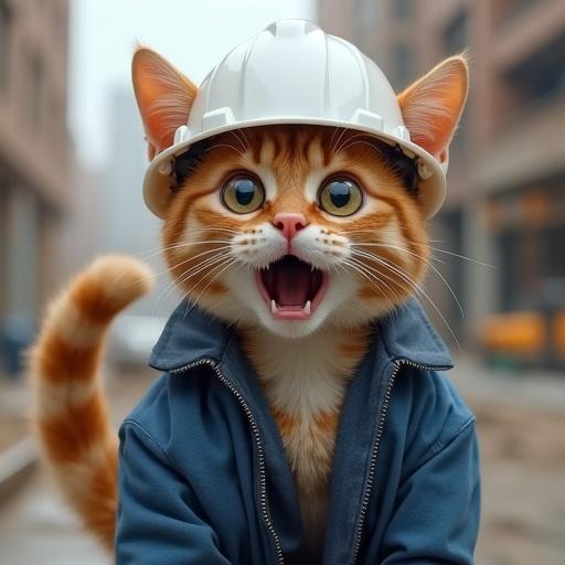 A semi-realistic cat wearing a white hard hat and blue work jacket. The cat expresses surprise with wide open eyes and raised eyebrows. The mouth is open in shock. Detailed fur is visible. The background shows a construction site.