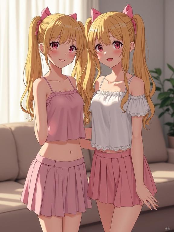 Two beautiful girls with long blonde hair and pink bows smile happily in a living room. They wear matching outfits of skirts and crop tops. The setting is cozy with soft natural light.