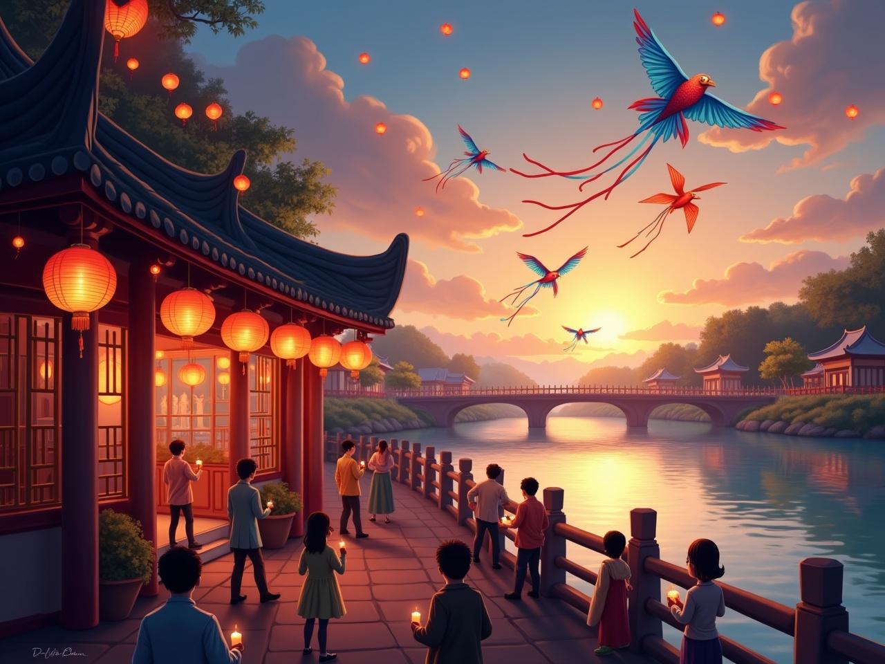 The scene depicts a serene riverside setting during sunset. Lanterns hang from a building, casting a warm glow. People are gathered by the water, some holding candles, creating a peaceful atmosphere. Colorful kites shaped like birds soar in the sky above. A bridge crosses the river, leading to traditional architecture in the background. The overall mood is festive and tranquil, reflecting a moment of celebration and community.