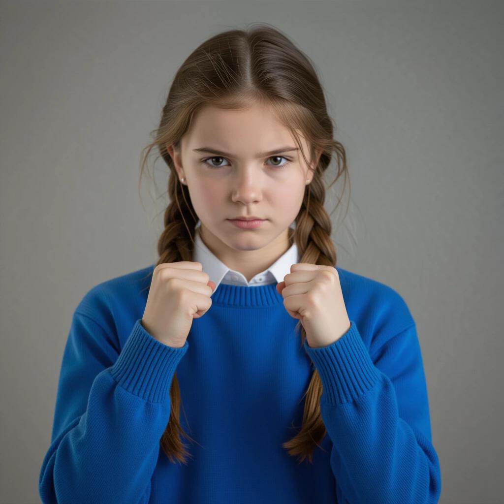 Girl in blue jumper looks confidently at the viewer. She is clenching her fists in a fighting stance. The background is gray, providing a neutral tone to the scene. Portrait captures a sense of empowerment and readiness.