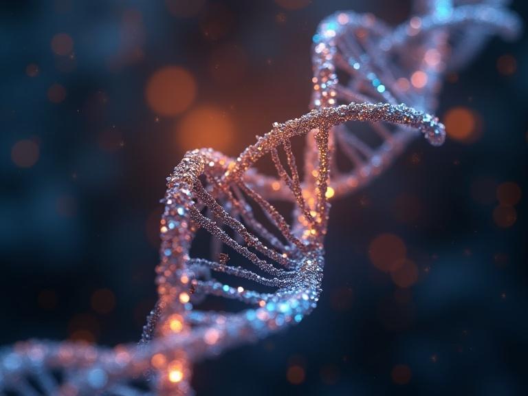 Close-up of DNA double helix strands. Shiny number 57 integrated into the design. Colorful glowing lights create a vibrant background.