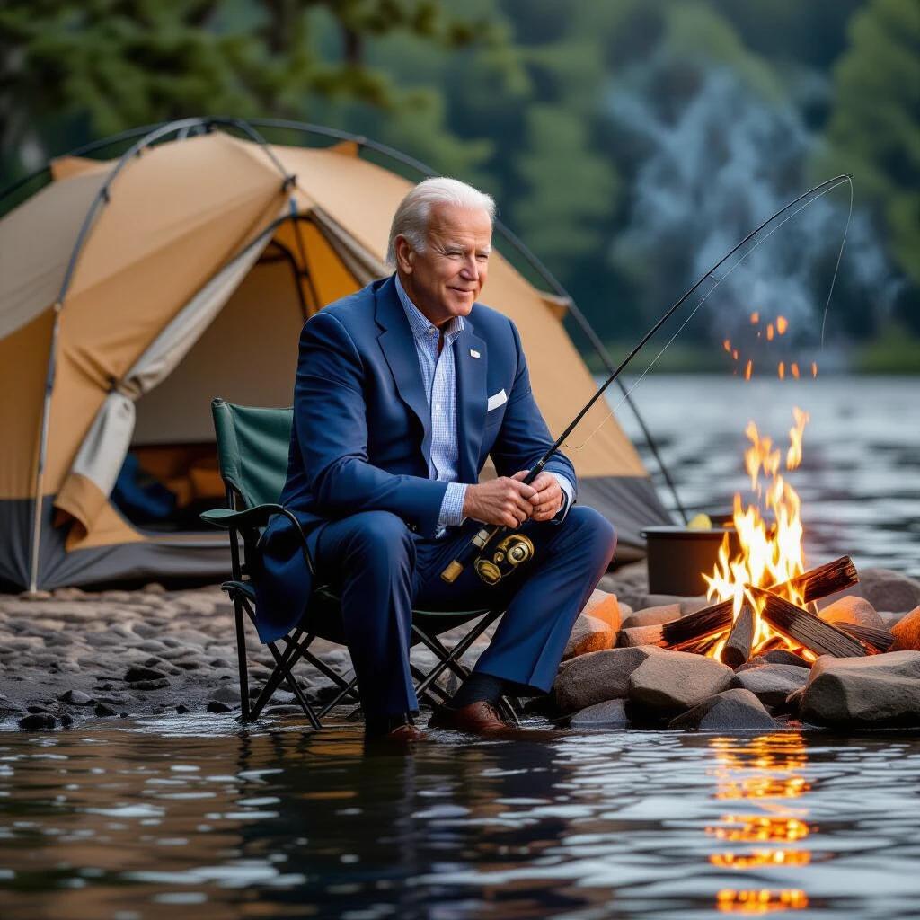 Individual fishing while sitting in a chair. Tent set up in the background. Bonfire burning nearby. Water surrounds the individual.