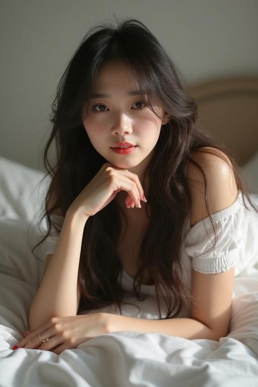 A kpop idol with long messy hair poses on a bed. She has pale skin. Soft light enters the room. The atmosphere is intimate and serene.