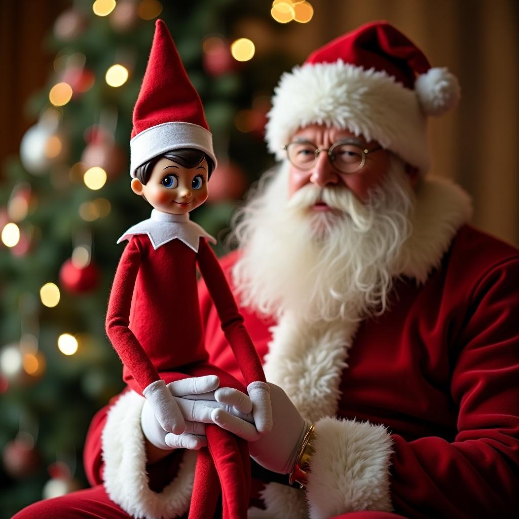 Holiday theme with Elf on the Shelf and Santa Claus sitting together. Warm colors and festive decorations create a joyful atmosphere.