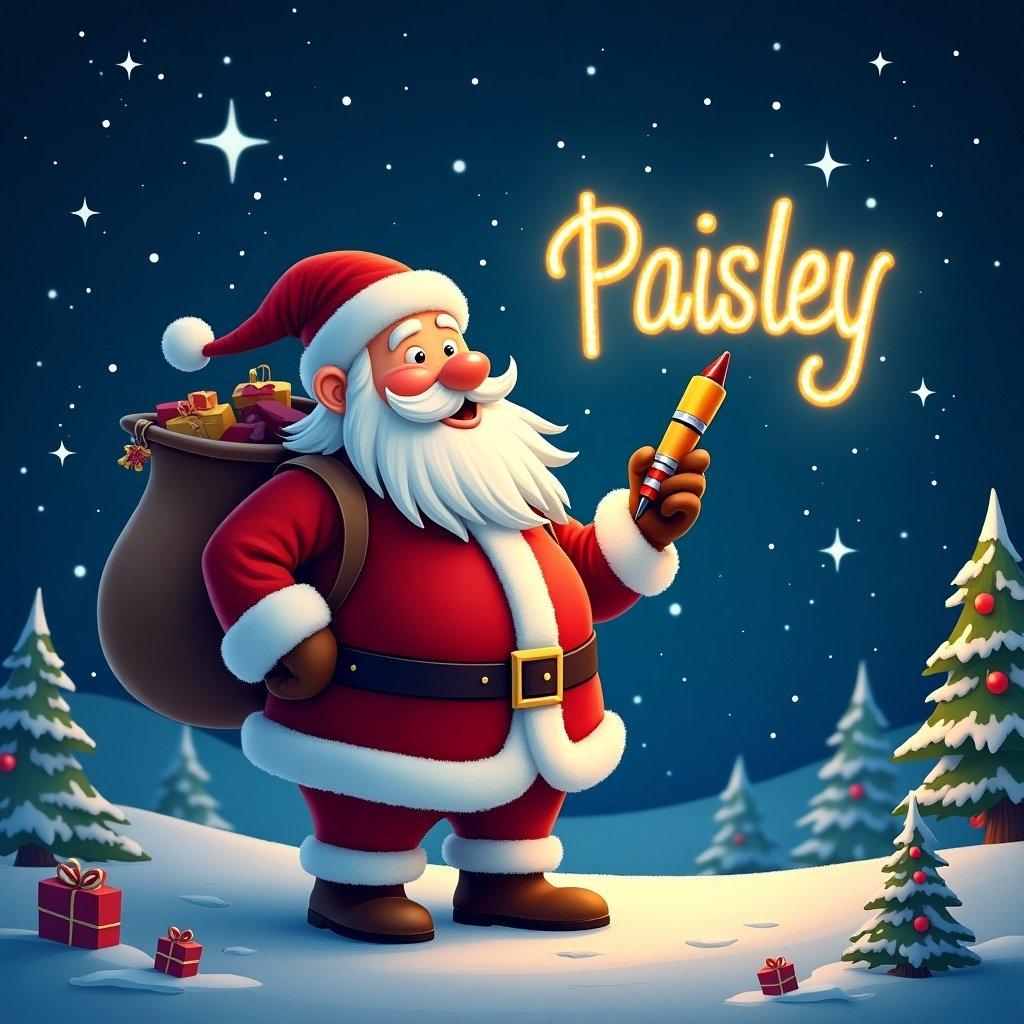 This image depicts a joyful Santa Claus engaging with a holiday spirit. He is writing the name 'Paisley' in the sky using a colorful glow pen. Santa is dressed in his traditional red suit, and his iconic white beard is flowing. The background features a serene snowy landscape with evergreen trees adorned with decorations, as well as presents scattered around. The night sky is dotted with twinkling stars, adding to the festive atmosphere. This scene captures the essence of Christmas magic and joy.