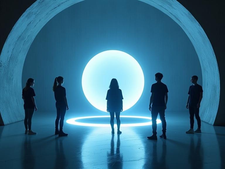 Create an image featuring five young people surrounding a large, glowing energy ball floating above a light pit in a sleek, smooth, silver interior. The background should have reflective textures and deep shadows, captured in high detail with a dark blue filter and bright blue lens flare.