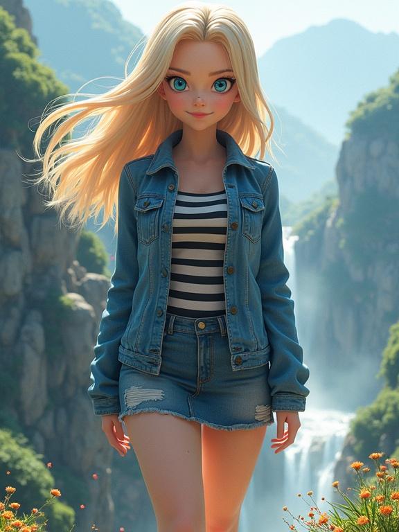 A beautifully rendered character inspired by Dragon Ball. The character stands confidently on a cliff in a vibrant landscape. Nearby are waterfalls and lush greenery. The sun shines brightly, causing reflections. The character wears a denim jacket and skirt. Hair flows gently in the breeze. Flower petals and glowing particles float in the air. The scene captures an ultra-detailed and cinematic quality.