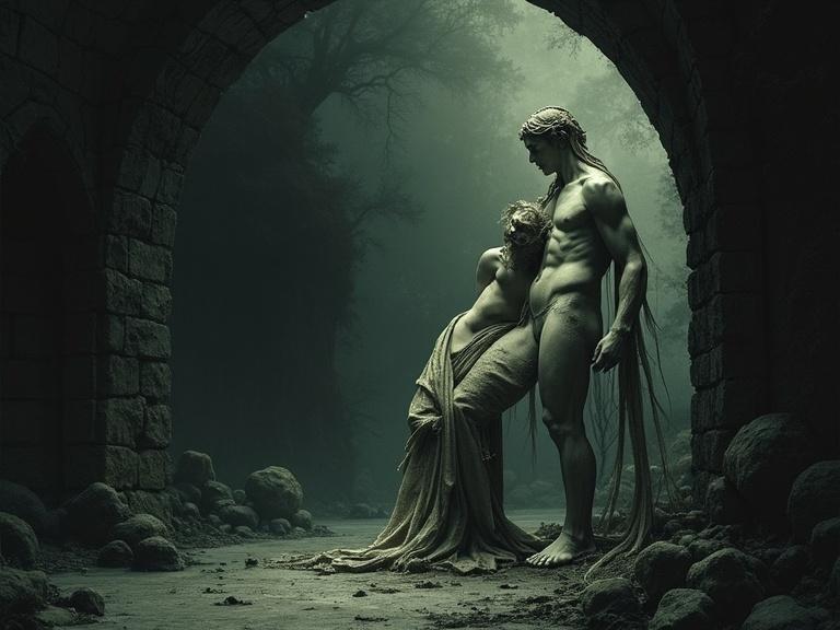 Statues of a man and a woman in a dark, mystical setting. The scene is atmospheric with a greenish tint. The couple embodies themes of magic and danger. A blend of minimalist and maximalist styles is present in the design.