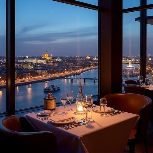 Panoramic view of Moscow illuminated from the White Rabbit restaurant. Evening setting with a well-set table by the window overlooking the city lights.
