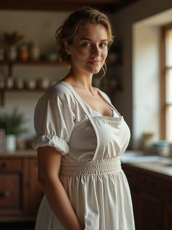 Woman stands in a kitchen, wearing a cream-colored dress with an apron. She has a slim waist and a confident smile. Natural light illuminates the room.