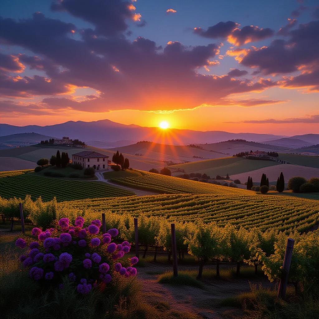 A picturesque sunset over vineyards in Italy. The setting sun casts a warm glow on the landscape. Hills and mountains in the background create a beautiful silhouette. Colorful flowers bloom in the foreground. The scene captures tranquility and natural beauty.