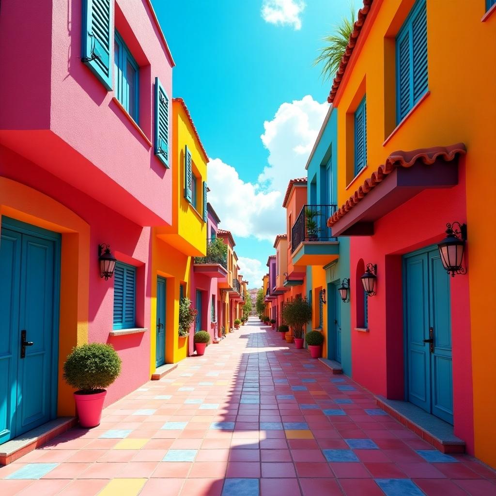 Surrealistic street lined with colorful buildings. Bright and vivid lighting enhances the scene. Central perspective showcases the vibrant architecture.