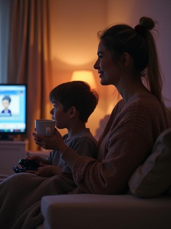 Mother and son enjoying a cozy moment. Mother holds a cup of chocolate while son plays video games. Warm lighting creates an inviting atmosphere.