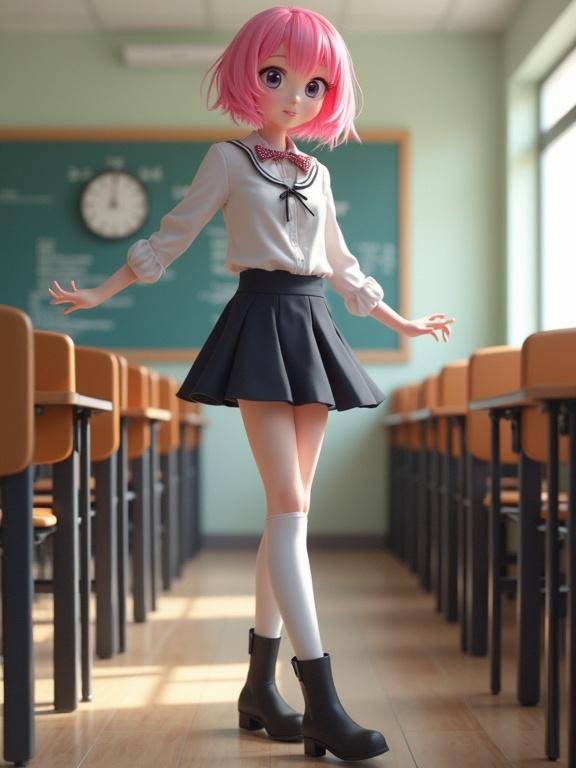 Dancing girl stands in a classroom. She has short pink hair. Wears white stockings and black boots. The classroom features desks and a chalkboard.