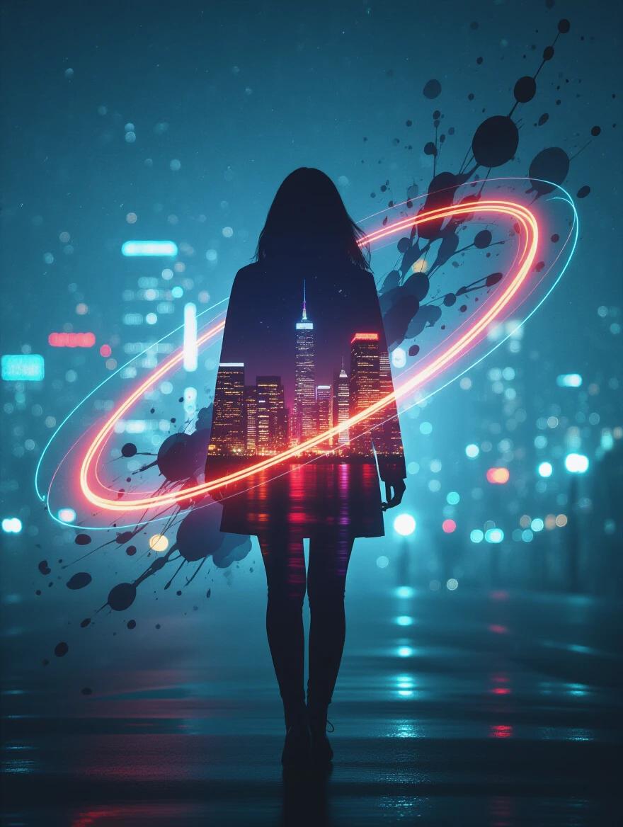 Silhouette of a person walking left. Double exposure effect with city skyline and neon lights. Glowing trails curve around body. Ink splashes in background. Nighttime scene with dramatic lighting.