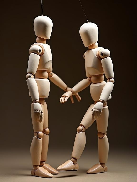 Wooden puppets are posed in an interaction. The marionettes are controlled with strings. They represent human figures engaged in a display. Puppetry art shows creativity and skill.