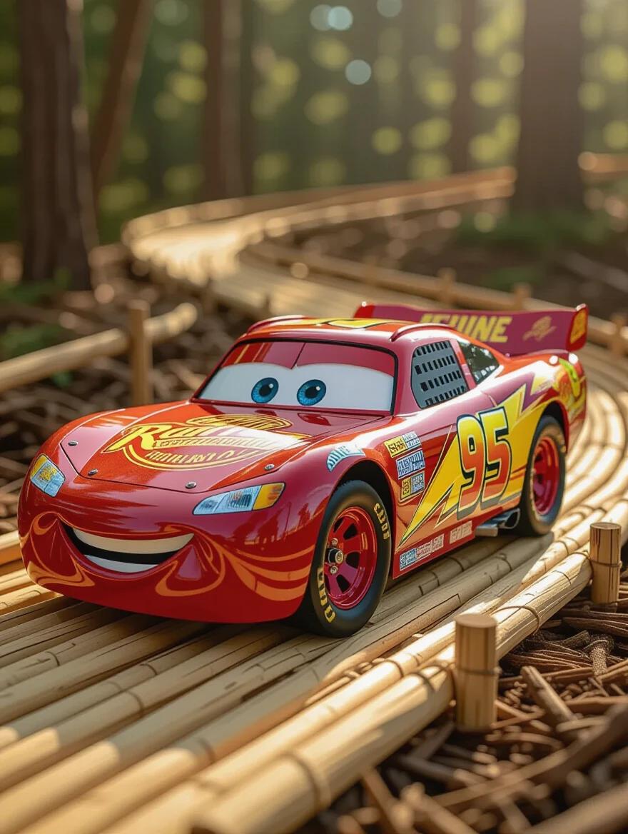 Wooden racecar inspired by Lightning McQueen. Car built from sticks and twigs. Curved body with a smiling face. Tires made from woven stick patterns. Rustic racetrack constructed from planks and bark chips. Painted wood accents for racing decals. Natural sculpture realism.
