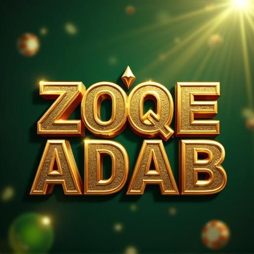 Golden text ZOQE ADAB in 3D with a blurry green background. Detailed design with gold and silver elements. Incorporates themes of luxury and gaming.