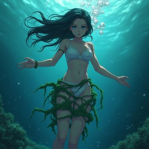 Young woman swimming underwater. Front view shot. Horror anime aesthetic. Bright lights illuminating scene. Live seaweed entangled around girl's legs. Manga style. Bubbles escaping from her mouth.