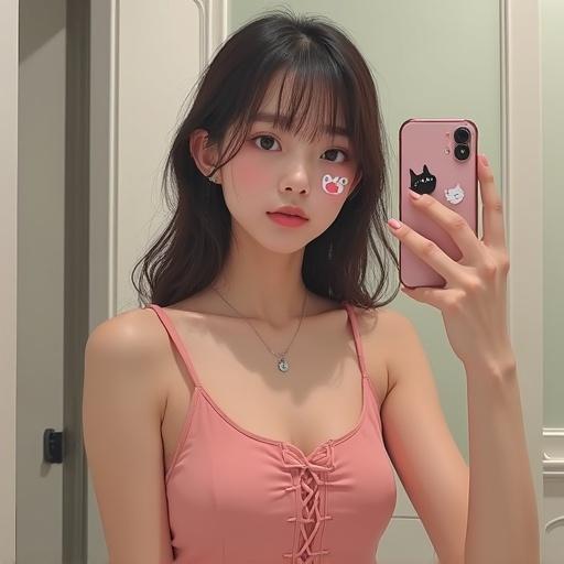 Draw an iphone mirror selfie. A cute girl wears a silky short pajama dress. Casual setting in a home bathroom. Posing with one hand on the right side of her top. Five cute cat patterns edited out for small pink dots. Flash turned on. Slight motion blur. Chaotic composition. Casual and edgy feel. Aspect ratio 16:9.