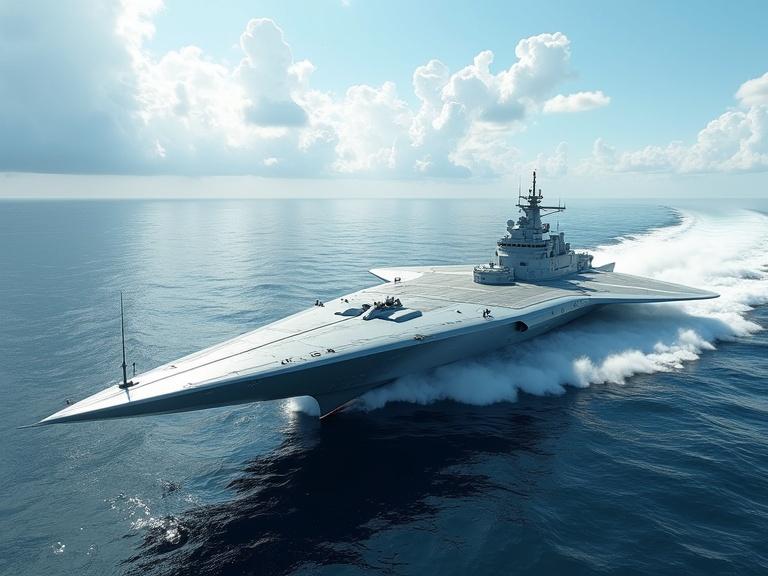 Cinematic image of a huge flat sleek light grey military V-shaped hover jet gliding on the ocean with small bridge windows, radar, antennas, and small guns. Blue sky with white clouds, ocean mist created by wind thrust from ship, detailed textures and shadows, HDR, 4K quality.