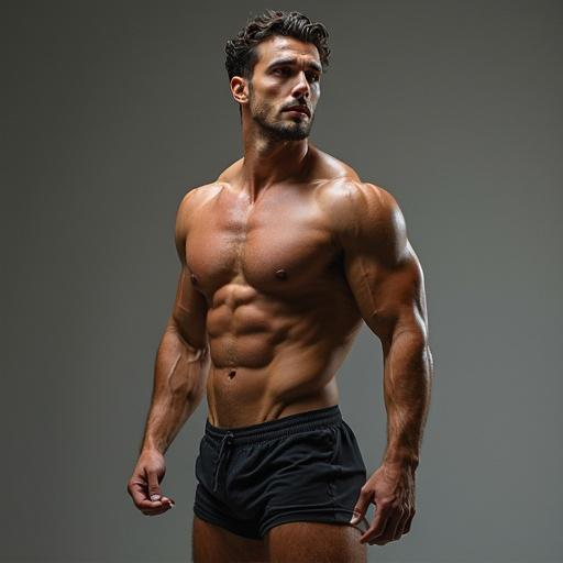 Athlete displaying a defined and muscular body. The athlete stands confidently in a side pose. Strong muscles are prominently shown. The background is neutral to emphasize the subject.