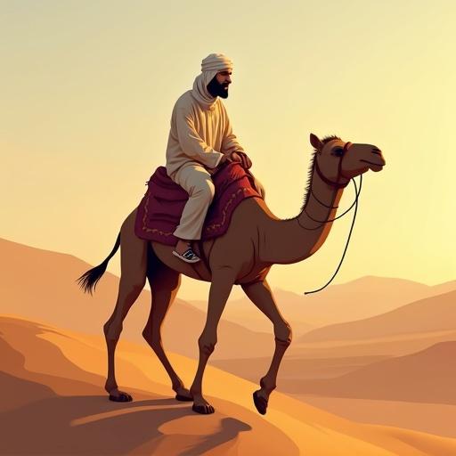 A man in traditional attire riding a camel across a vast desert landscape
