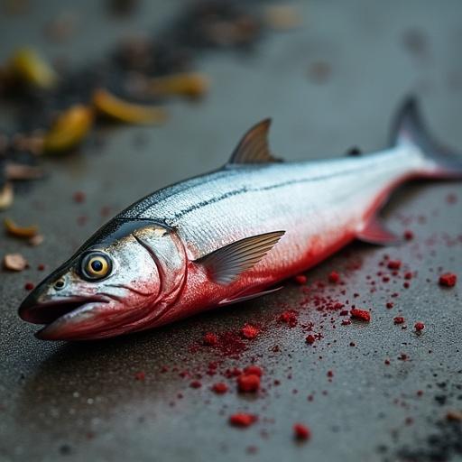 A mackerel fish with red blood lying on wet cement. Surrounding fish scales glisten in natural light. Cigarette ash can be seen scattered near the fish. Emphasis on details and freshness.