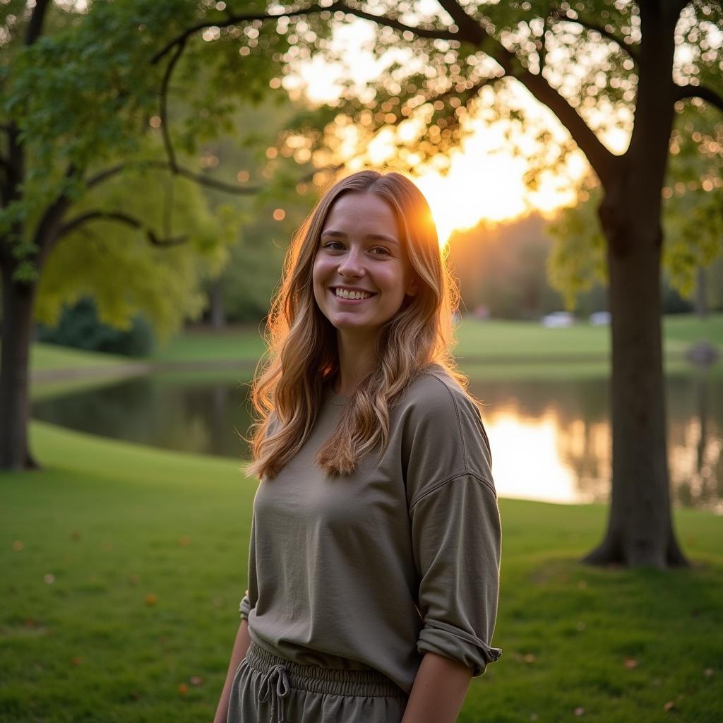 Person in casual clothing enjoying a peaceful outdoor setting near a lake during sunset. Lush green grass and trees surround the area.