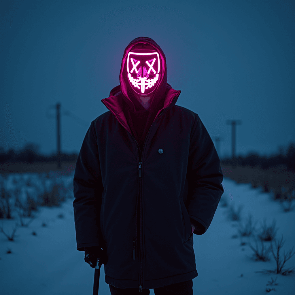 A mysterious figure in a neon mask stands on a snow-covered path at dusk.