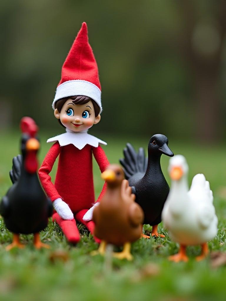 Elf on a shelf doll sits among chickens and ducks on grass. One elf figure and several toy birds present.