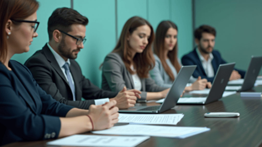 A group of people in business attire are seated at a long table, focused on documents and laptops.