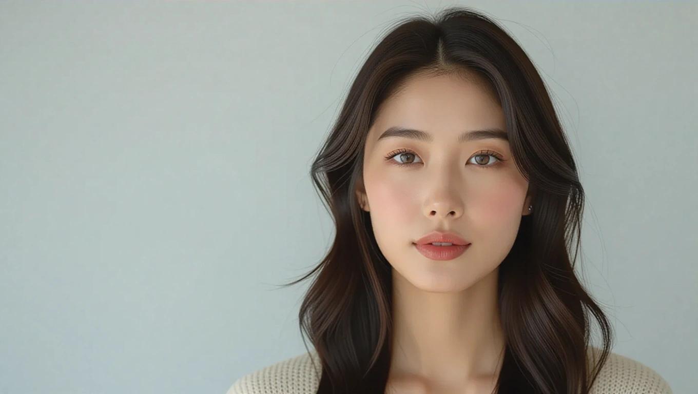 Ultra-realistic portrait of a beautiful woman. Head and shoulders shot. Natural long black hair. Minimal makeup highlighting beauty. Gentle and friendly expression. Outdoor restaurant background. Photograph taken with a phone.