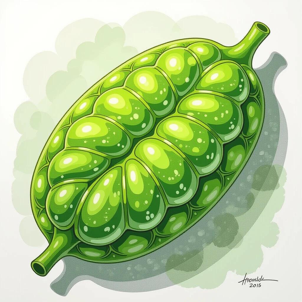 Drawing of a green chloroplast. Stylized and glossy with detailed texture. Bright lighting enhances the green color.