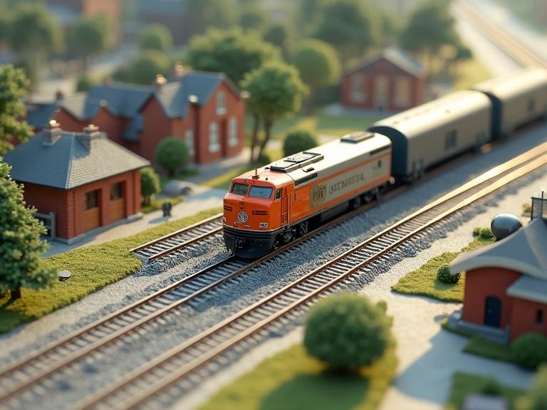 Library of 2D overhead model railroad objects created to assist in designing a model railroad layout. Features vibrant orange train engine on tracks near a small town.